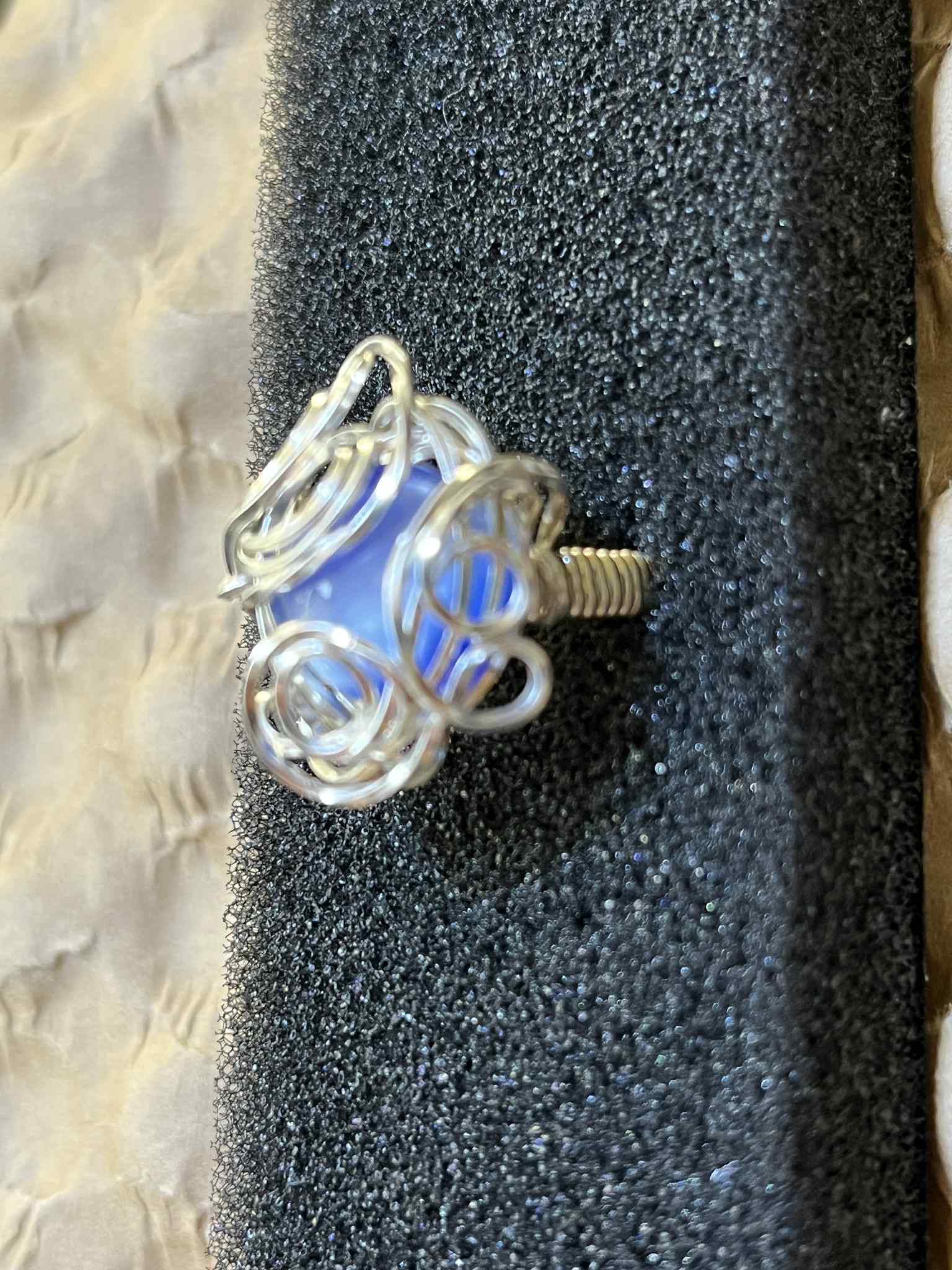 Wire wrapped Blue glass bead Ring